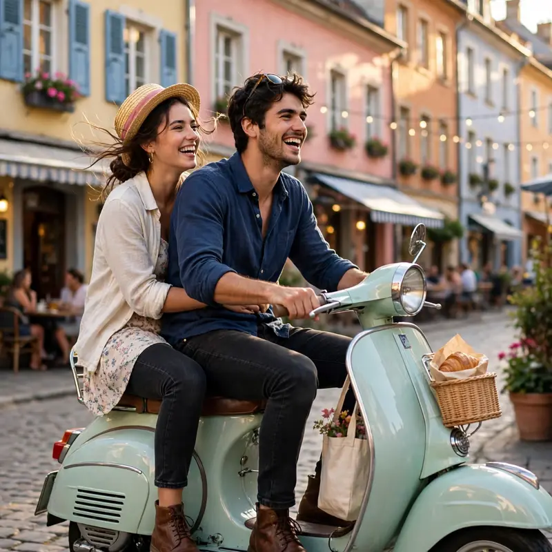 Create an ultra-realistic cinematic photograph of a young couple riding a pastel vintage scooter through a charming old-town street, the girl sitting