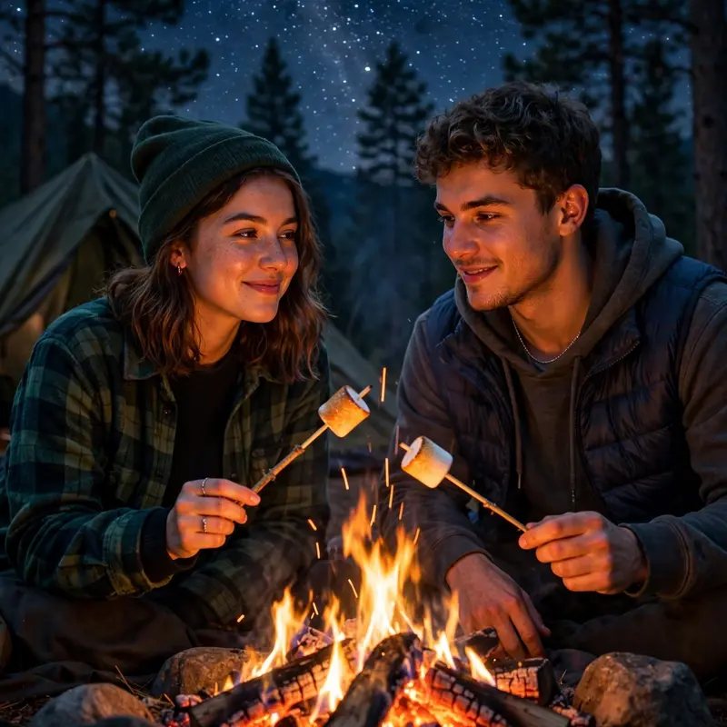 Create an ultra-realistic cinematic photograph of a young couple sitting by a campfire at night, roasting marshmallows on sticks to make smores, a ten