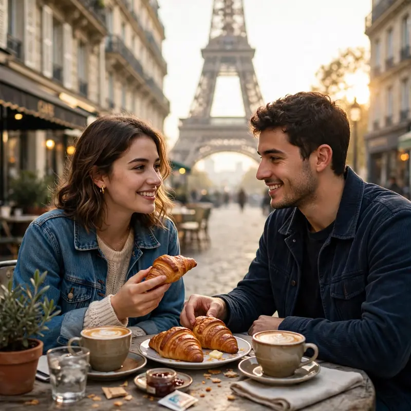 Create an ultra-realistic cinematic photograph of a young couple at a small round table outside a Parisian cafe, sharing croissants and coffee, the Ei