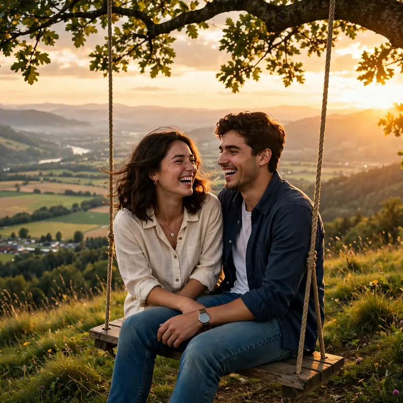 Create an ultra-realistic cinematic photograph of a young couple on a big wooden swing hanging from a tree on a green hilltop at sunset, the girl sitt