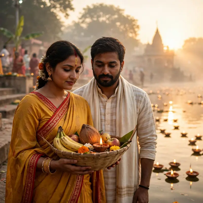 Create an ultra-realistic cinematic photograph of a young desi couple at a river ghat during Chhath Puja at sunrise, the wife in a bright yellow-orang