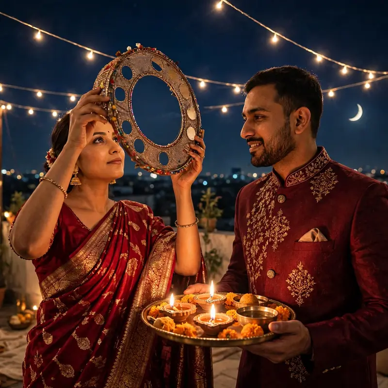Create an ultra-realistic cinematic photograph of a young couple on a decorated rooftop terrace on Karwa Chauth night, the wife in a deep red bridal s