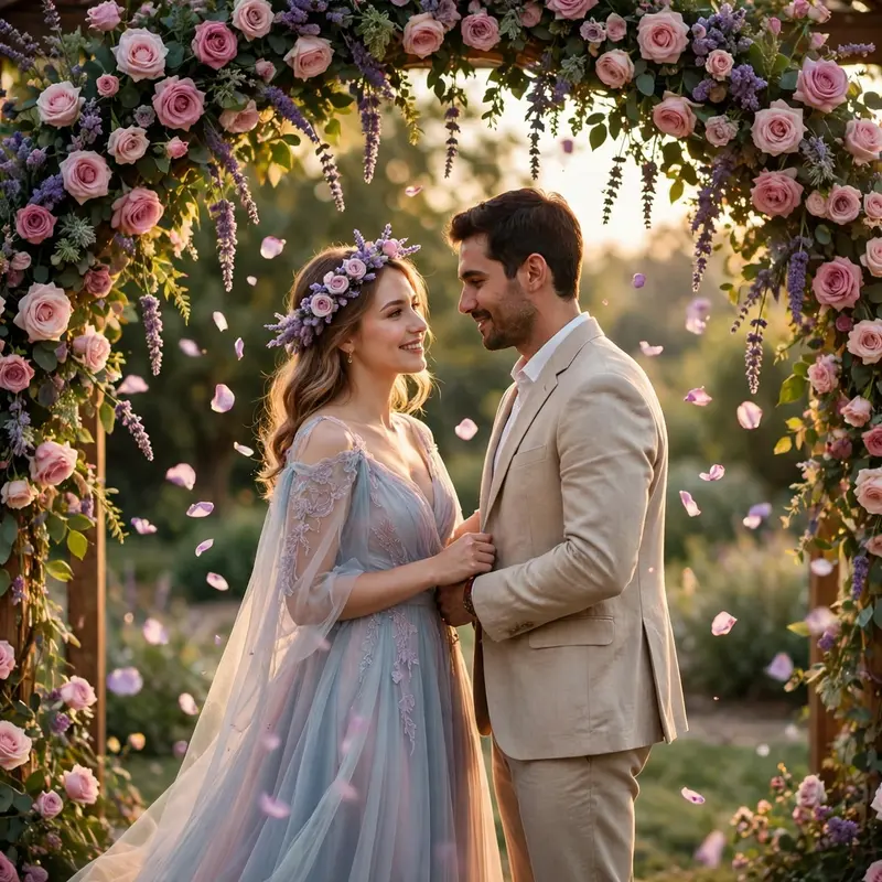 Create an ultra-realistic cinematic photograph of an elegant young couple at a pre-wedding shoot, standing under a floral gazebo arch covered in roses