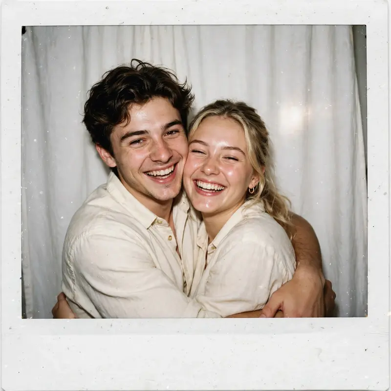 Create an ultra-realistic photograph of a cute young couple in a candid polaroid-style flash photo, hugging in matching cream outfits in front of a pl