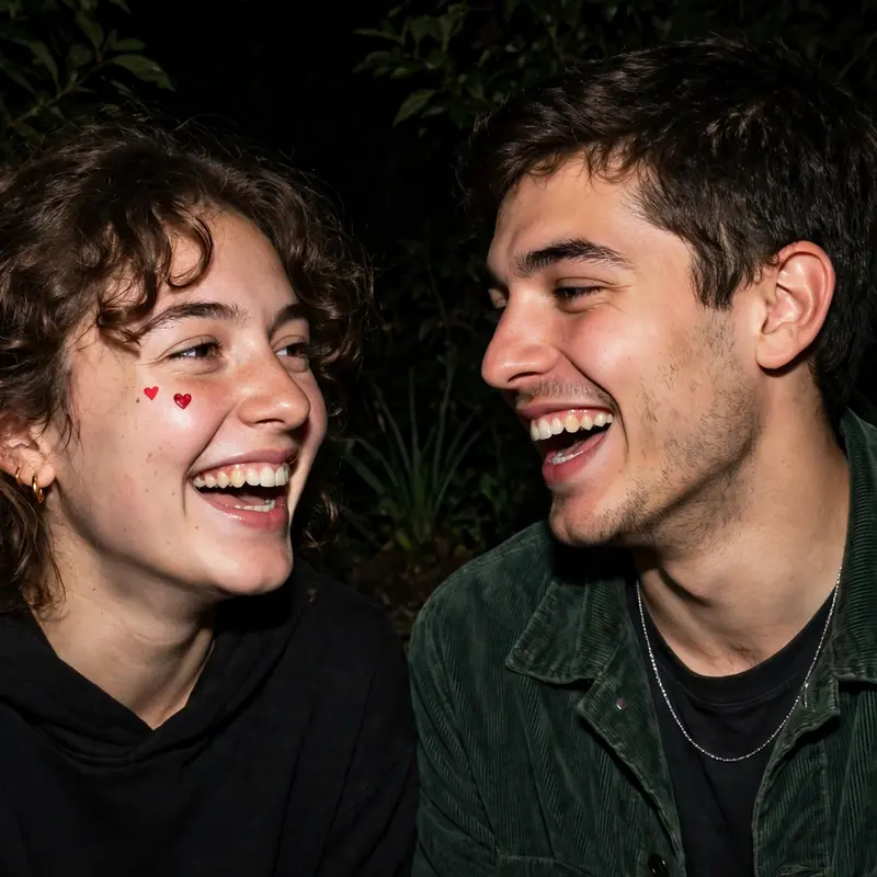 Create an ultra-realistic photograph of a young couple in a candid night-time garden portrait lit by a direct smartphone camera flash, laughing mid-mo