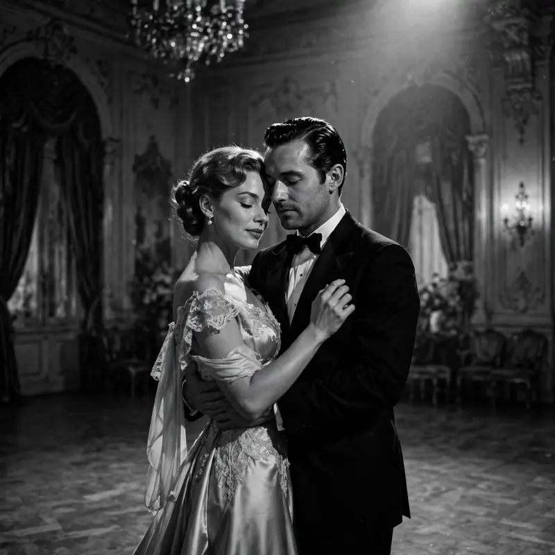 Create an ultra-realistic black and white cinematic photograph of an elegant young couple in a slow-dance pose in a grand hall, shot like a classic fi
