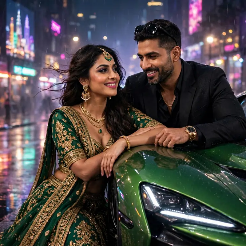 Create an ultra-realistic cinematic photograph of a glamorous young couple leaning on a bright green luxury sports car at night in a neon-lit city, th