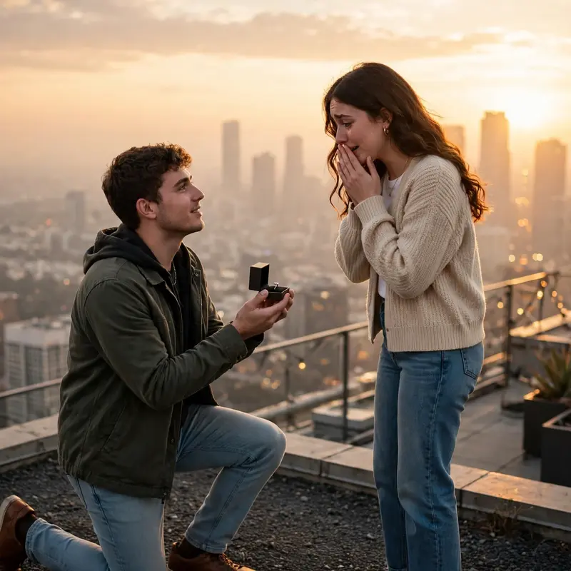 Create an ultra-realistic cinematic photograph of a young couple on top of a skyscraper at golden hour, the boy on one knee proposing with a ring box