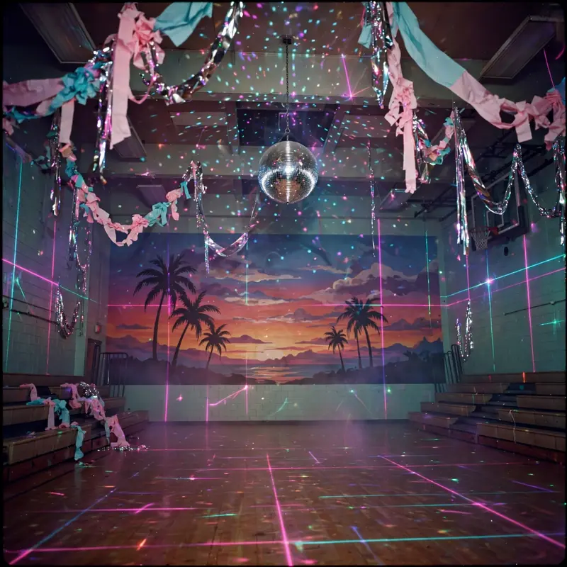 An empty high-school gym decorated for prom, mirror ball scattering neon across a painted sunset mural, vaporwave photography, VHS grain, bittersweet