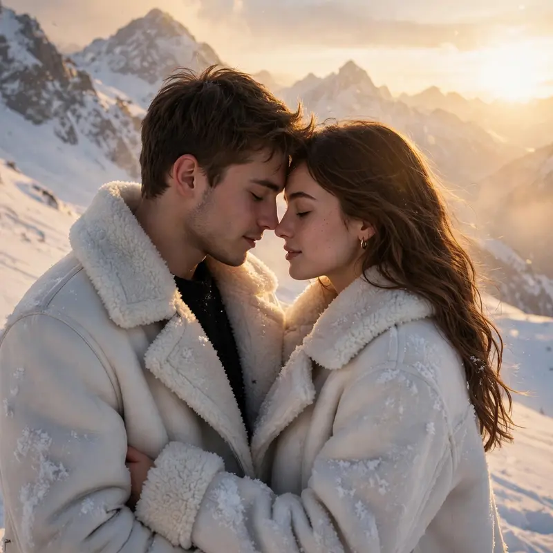 Create an ultra-realistic cinematic photograph of a young couple embracing on a golden-hour snowy mountain slope, wearing matching white shearling coa