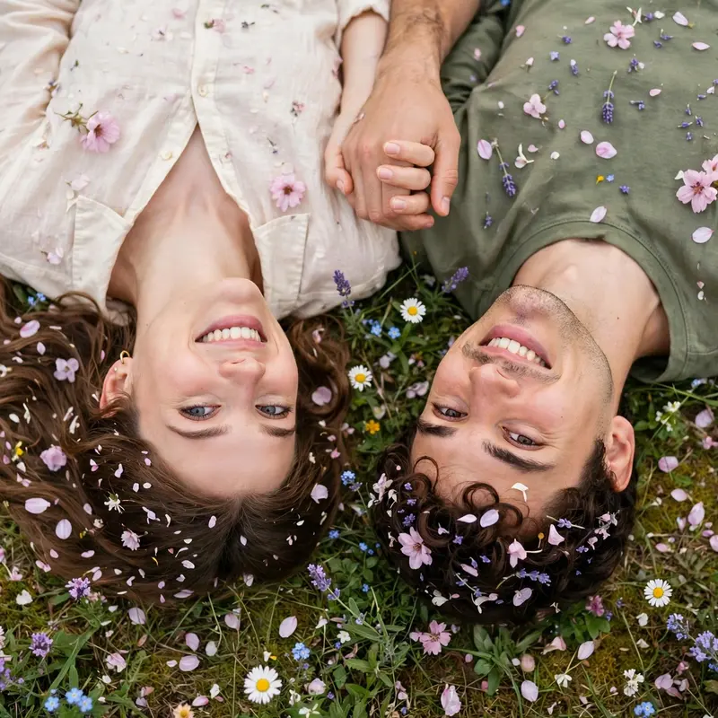Create an ultra-realistic cinematic photograph of a young couple lying side by side in a field of colorful wildflowers, shot from directly overhead, h