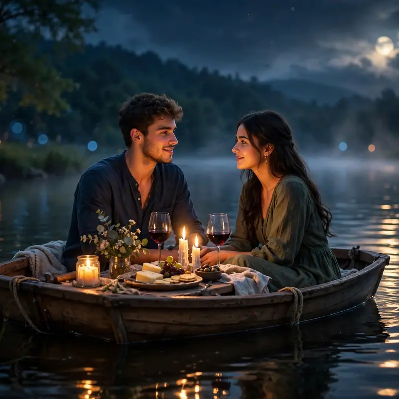 Create an ultra-realistic cinematic photograph of a young couple having a candlelight dinner on a small wooden boat floating on a calm lake at night