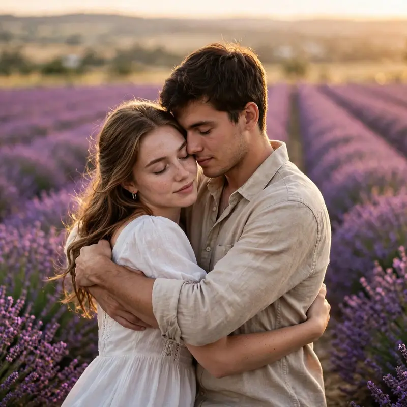 Create an ultra-realistic cinematic photograph of a young couple standing close together in the middle of a vast lavender field in full bloom, the man