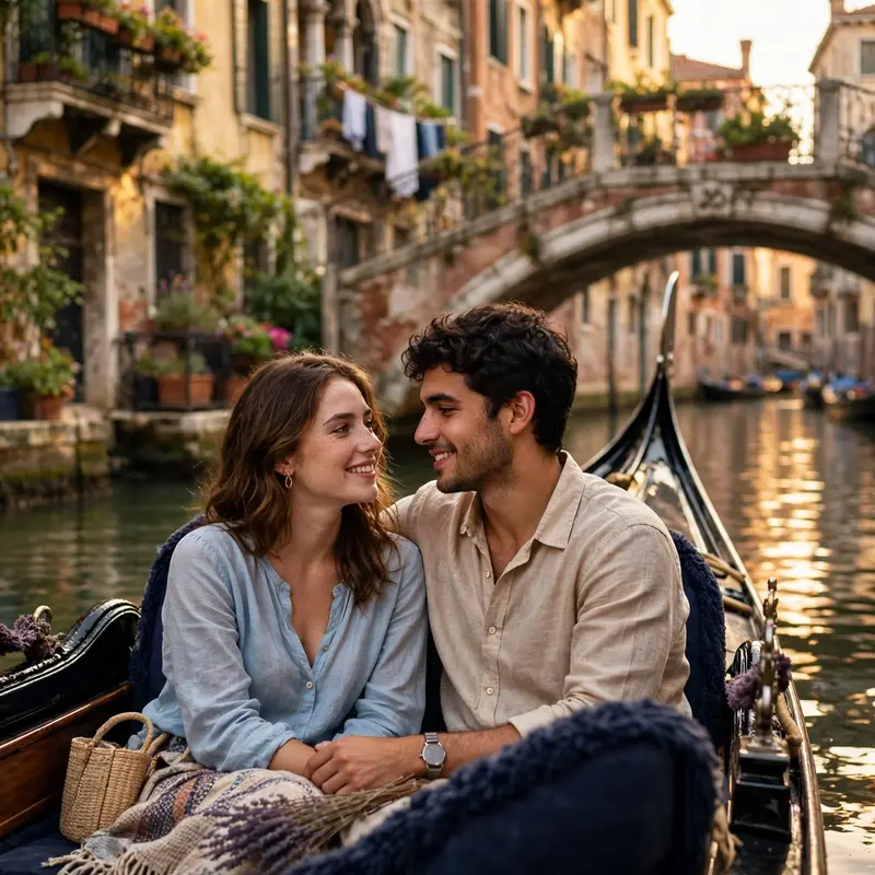 Create an ultra-realistic cinematic photograph of a young couple sitting close together in a black gondola gliding through a narrow Venice canal, the
