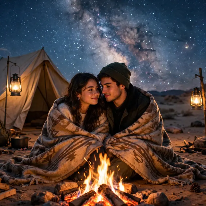 Create an ultra-realistic cinematic photograph of a young couple sitting by a small campfire outside a Bedouin-style tent in the desert at night, wrap