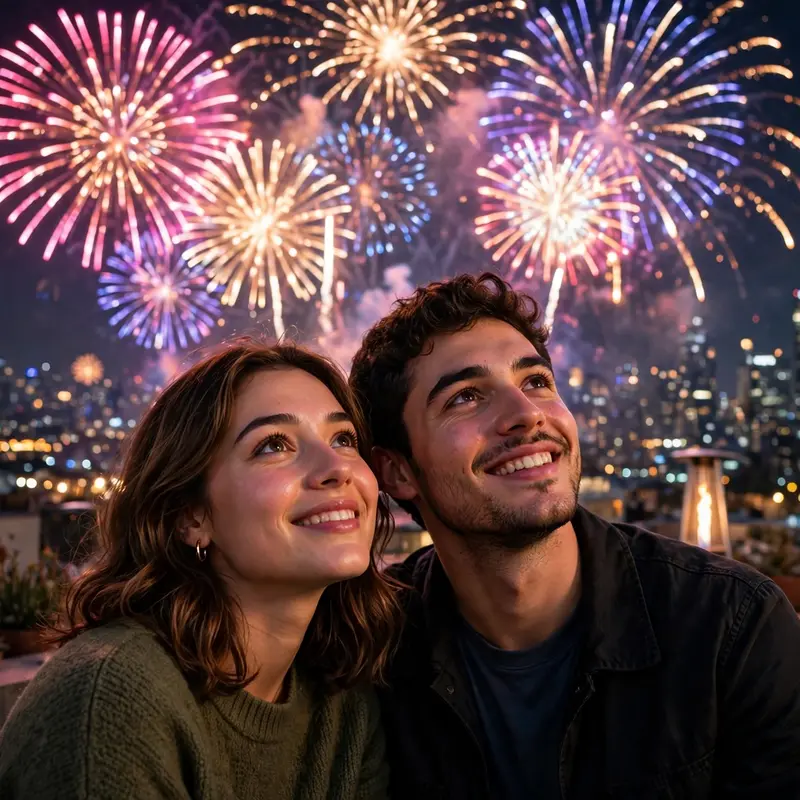 Create an ultra-realistic cinematic photograph of a young couple standing on a rooftop at night watching colorful fireworks burst across the sky, the