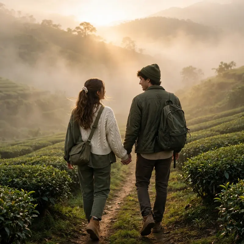 Create an ultra-realistic cinematic photograph of a young couple walking hand in hand through neat rows of a misty tea garden in the hills at sunrise