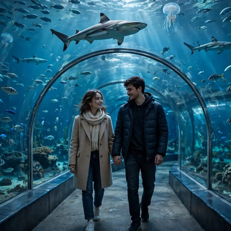 Create an ultra-realistic cinematic photograph of a young couple walking hand in hand through a curved glass aquarium tunnel, sharks and colorful fish