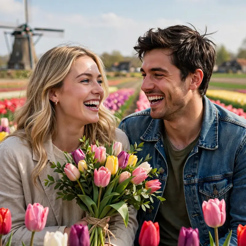 Create an ultra-realistic cinematic photograph of a young couple standing among long rows of red, yellow and pink tulips in full bloom, the woman hold