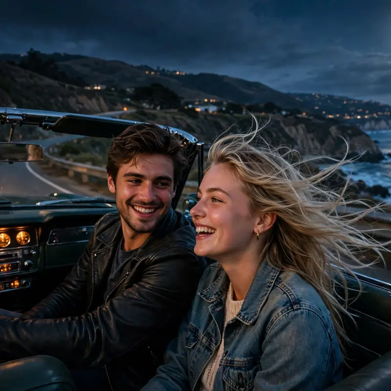 Create an ultra-realistic cinematic photograph of a young couple in a vintage convertible driving down an empty coastal highway at night, the woman's