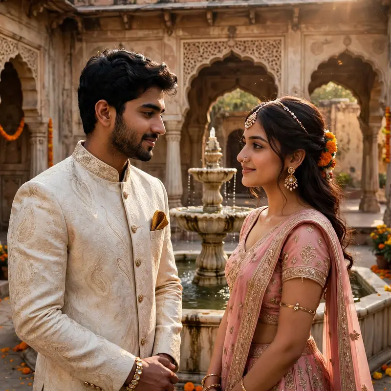 Create an ultra-realistic cinematic photograph of a young couple in elegant traditional outfits standing in the marble courtyard of an old Indian pala