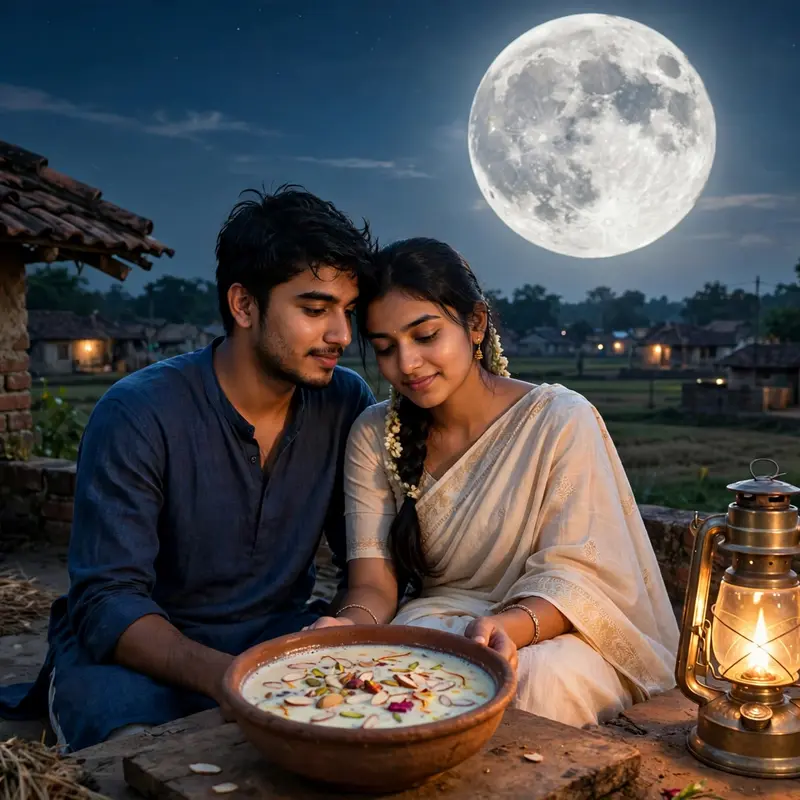 Create an ultra-realistic cinematic photograph of a young couple sitting on a charpai on a village rooftop at night during Sharad Purnima, a steel bow