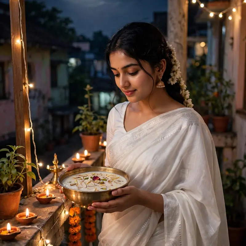 Create an ultra-realistic cinematic photograph of a young woman standing on a small home balcony at night during Sharad Purnima, holding a small silve