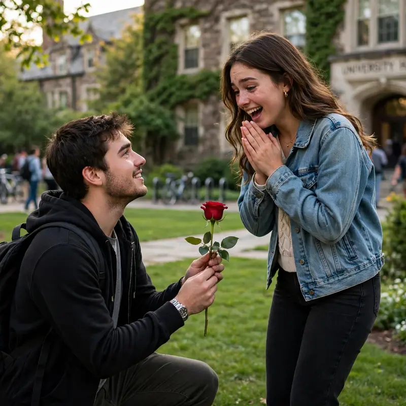 Create an ultra-realistic cinematic photograph of a young college couple in a green campus garden, the boy on one knee holding out a single red rose