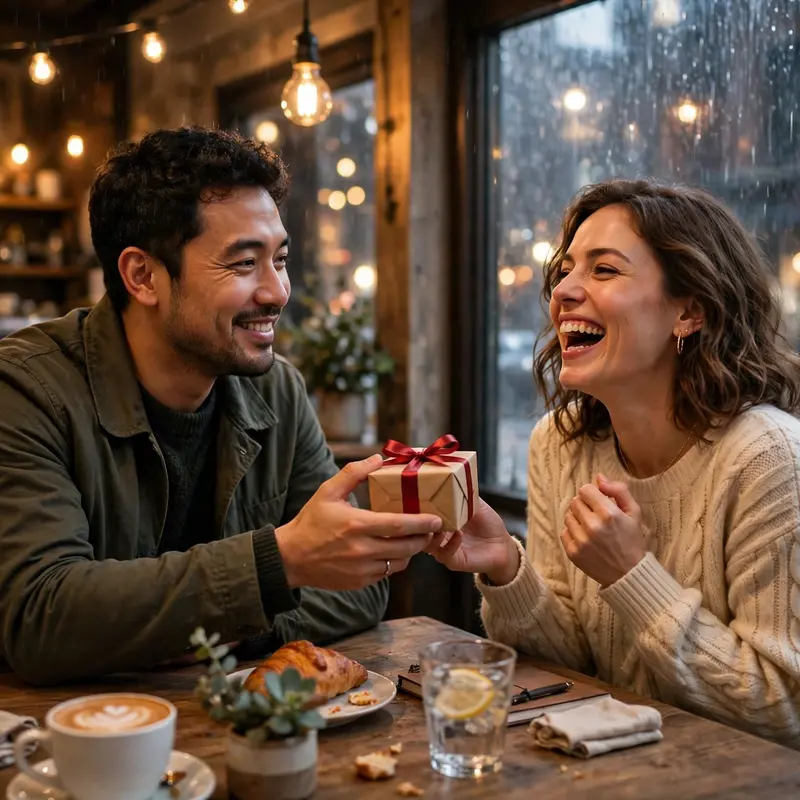 Create an ultra-realistic cinematic photograph of a young couple at a small cafe table by the window, the man sliding a tiny gift box across the table