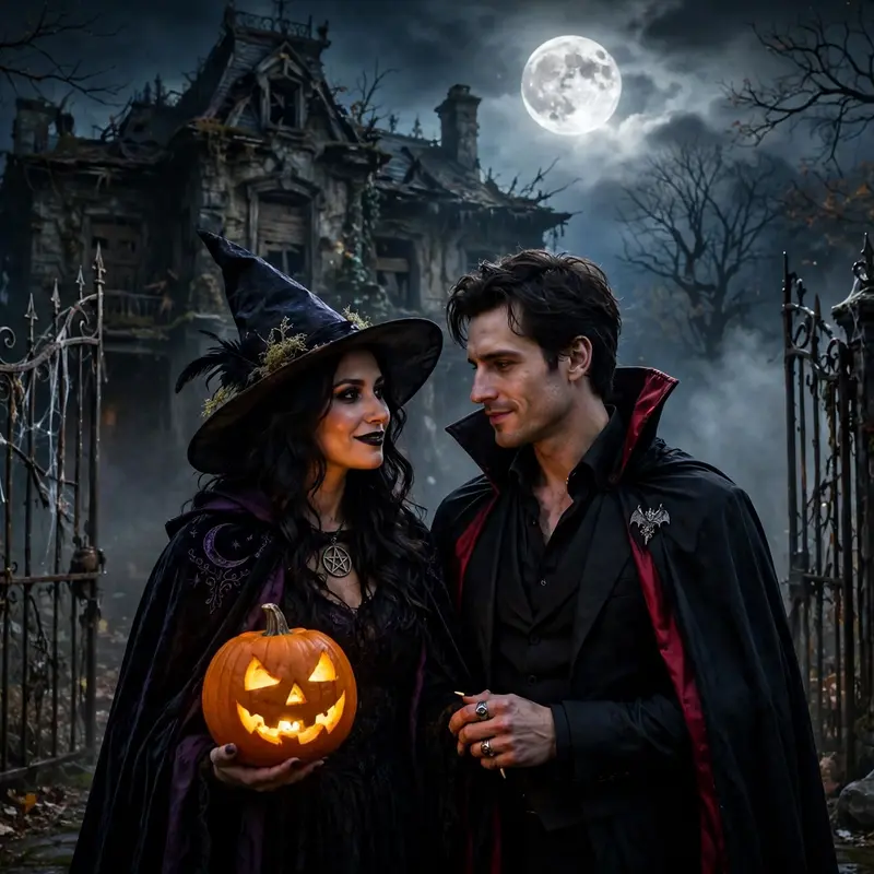 Create an ultra-realistic cinematic photograph of a young couple in Halloween costumes standing at the creaky gate of an old haunted house at night, t