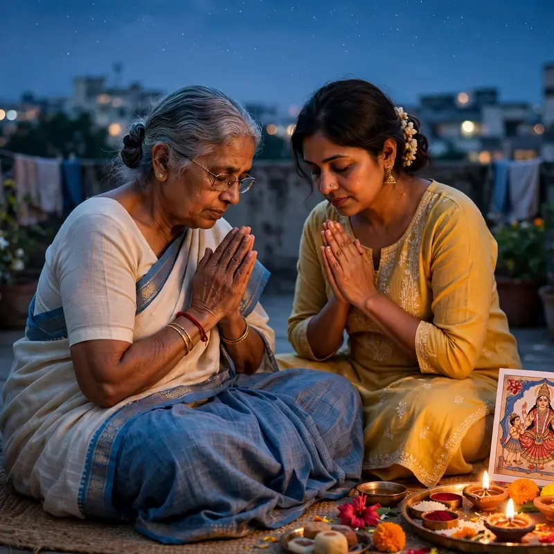 Create an ultra-realistic cinematic photograph of a mother and grandmother standing together on a home terrace at dusk during Ahoi Ashtami, both with