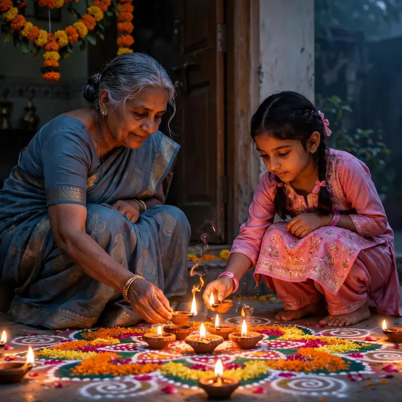 Create an ultra-realistic cinematic photograph of a grandmother and her young granddaughter placing lit clay diyas around a colorful rangoli at their