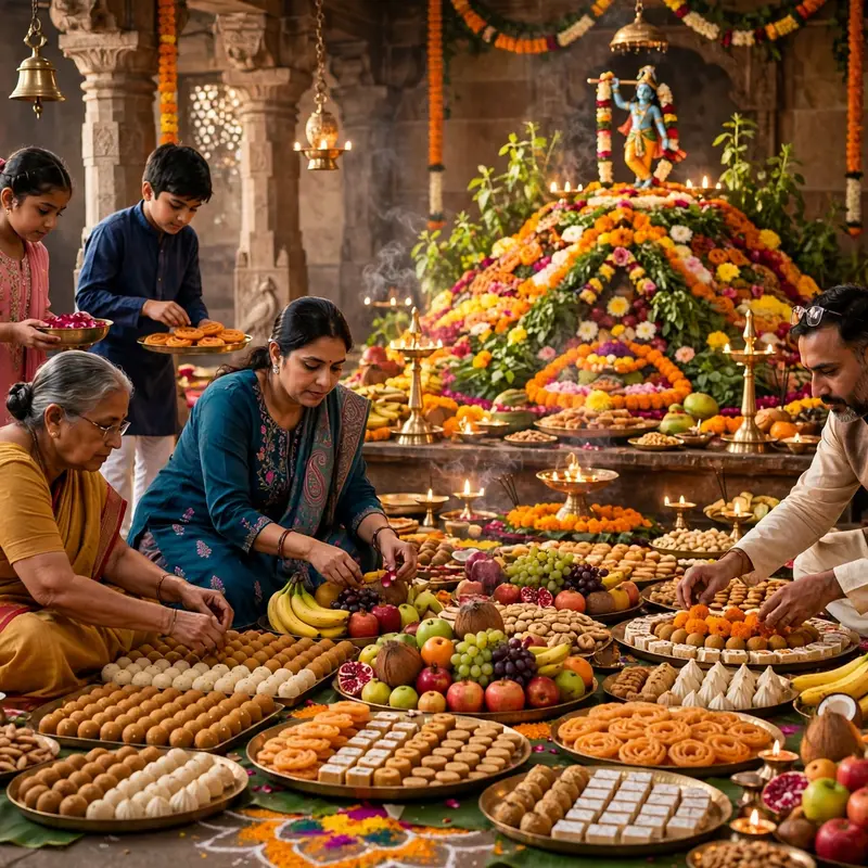 Create an ultra-realistic cinematic photograph of an Indian family serving a huge Annakut offering inside a temple hall during Govardhan Puja, parents