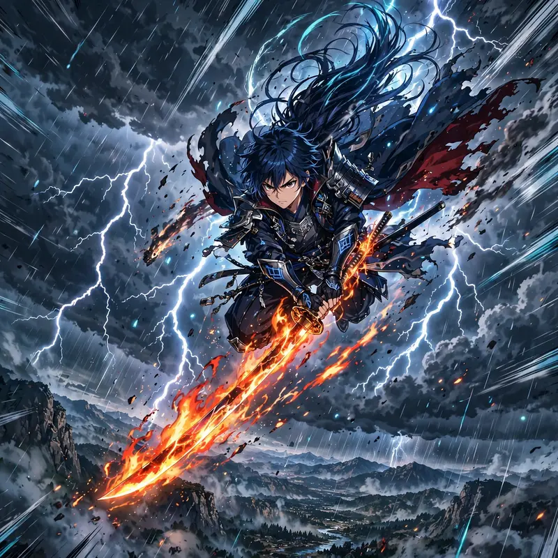 Dynamic anime key visual of a meteor swordsman descending from the sky, drawn in studio-quality TV anime style. Stormy lightning flashes washes the