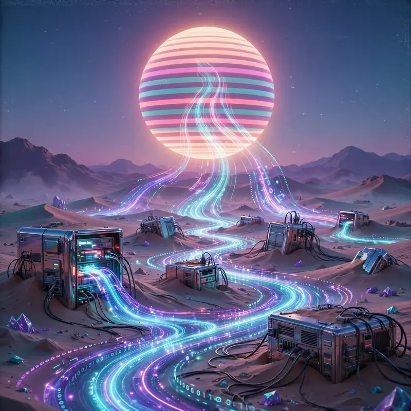 Rivers of glowing data flowing into a giant striped sun, chrome servers half-buried in a neon desert, vaporwave digital art, VHS grain, tranquil