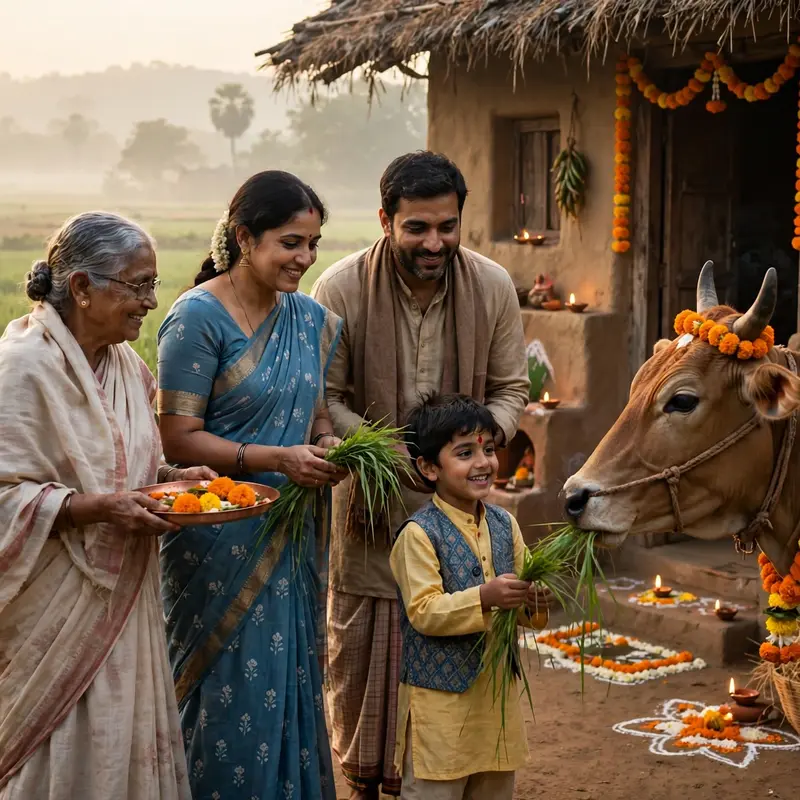 Create an ultra-realistic cinematic photograph of a village family feeding a decorated cow outside their rural home at dawn during Govardhan Puja, the
