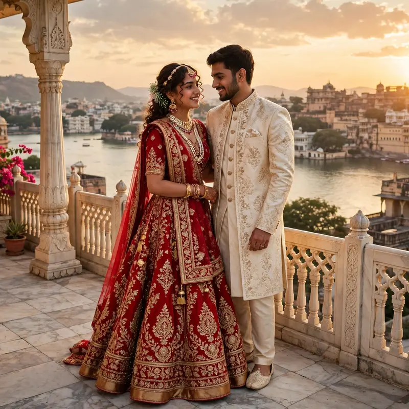 Create an ultra-realistic cinematic photograph of a young couple in wedding outfits standing on a marble terrace of Udaipur's City Palace at sunset, t