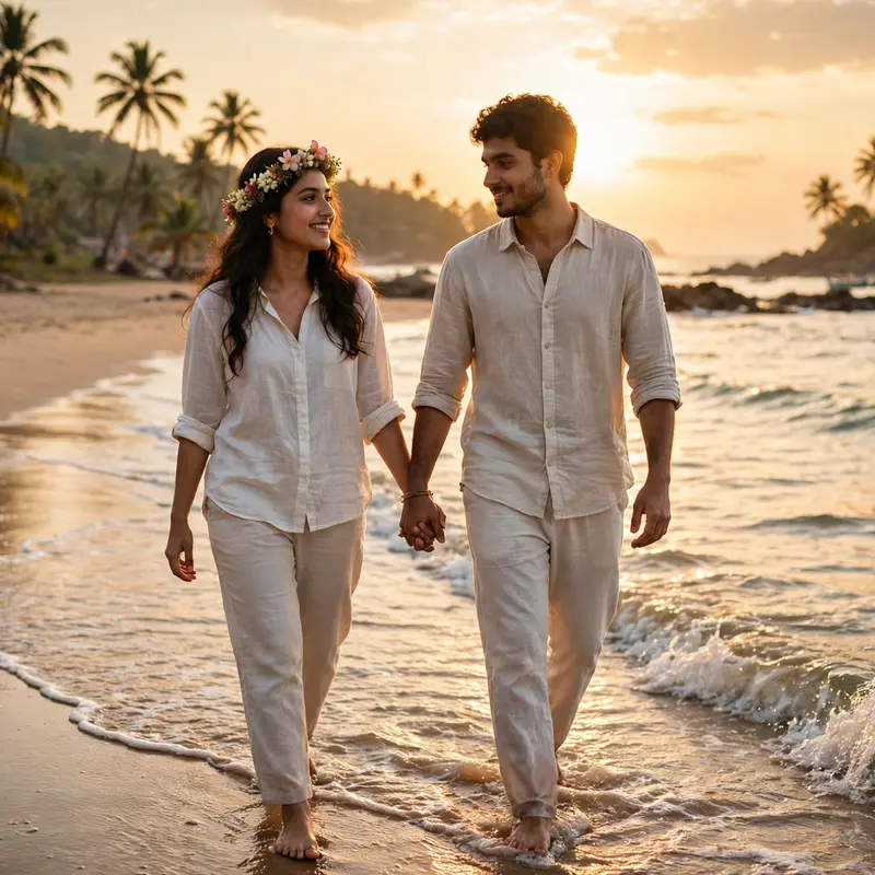 Create an ultra-realistic cinematic photograph of a young couple walking barefoot along a Goa beach at golden hour, the bride-to-be in a flowing white