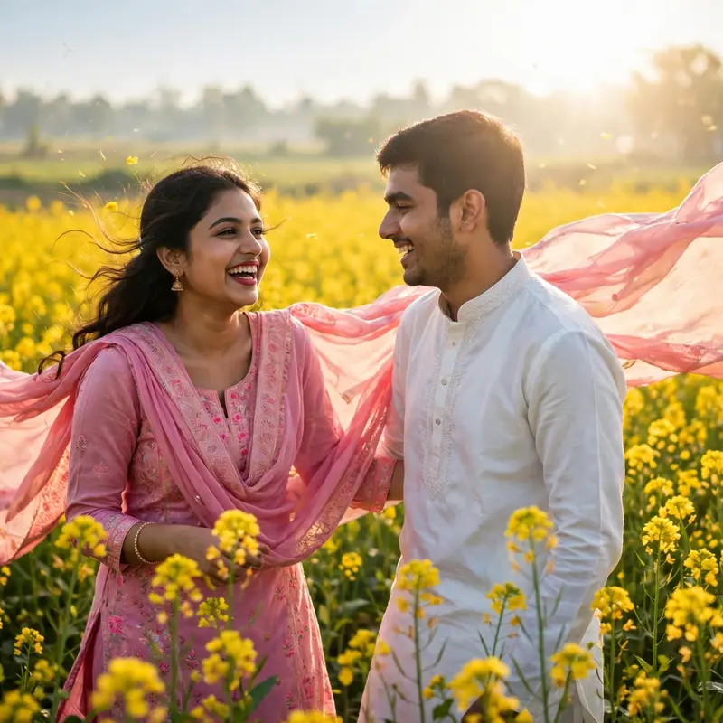 Create an ultra-realistic cinematic photograph of a young couple standing close together in a blooming yellow mustard field in Punjab, the bride-to-be