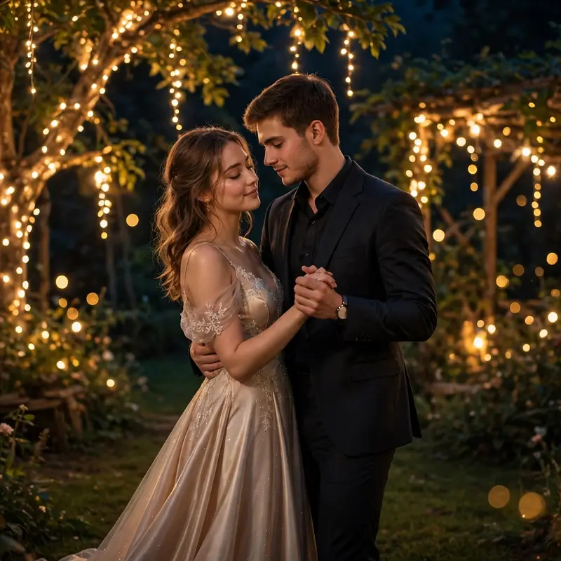 Create an ultra-realistic cinematic photograph of a young couple slow-dancing in a garden strung with warm fairy lights at night, the bride-to-be in a