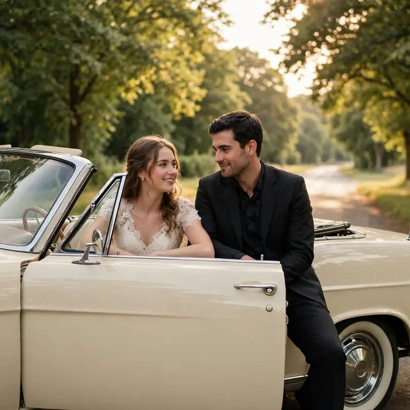 Create an ultra-realistic cinematic photograph of a young couple leaning against a polished vintage cream-colored convertible car on a quiet tree-line
