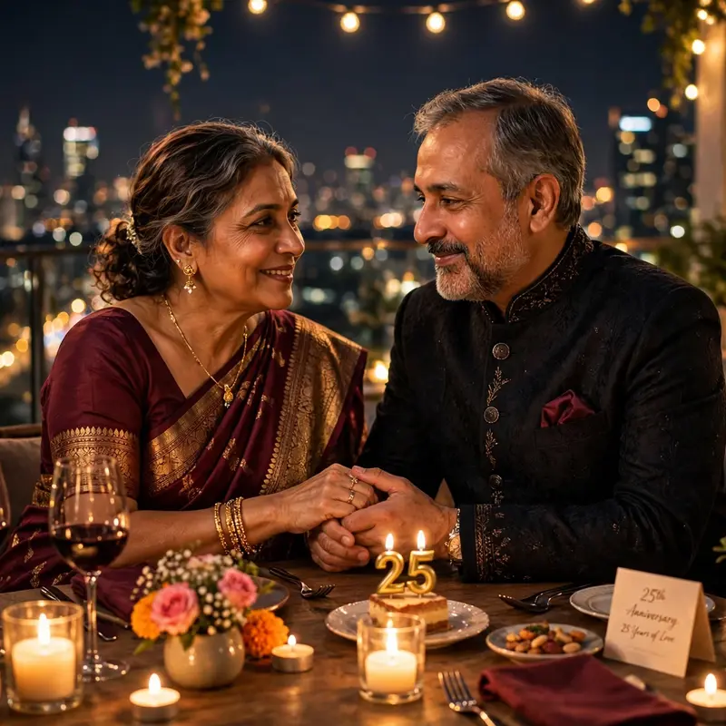 Create an ultra-realistic cinematic photograph of a happy middle-aged couple celebrating their 25th wedding anniversary at a candlelit rooftop dinner