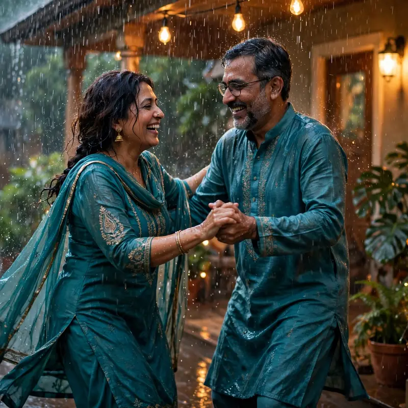 Create an ultra-realistic cinematic photograph of a joyful middle-aged couple dancing together in warm summer rain on their anniversary, the wife in a