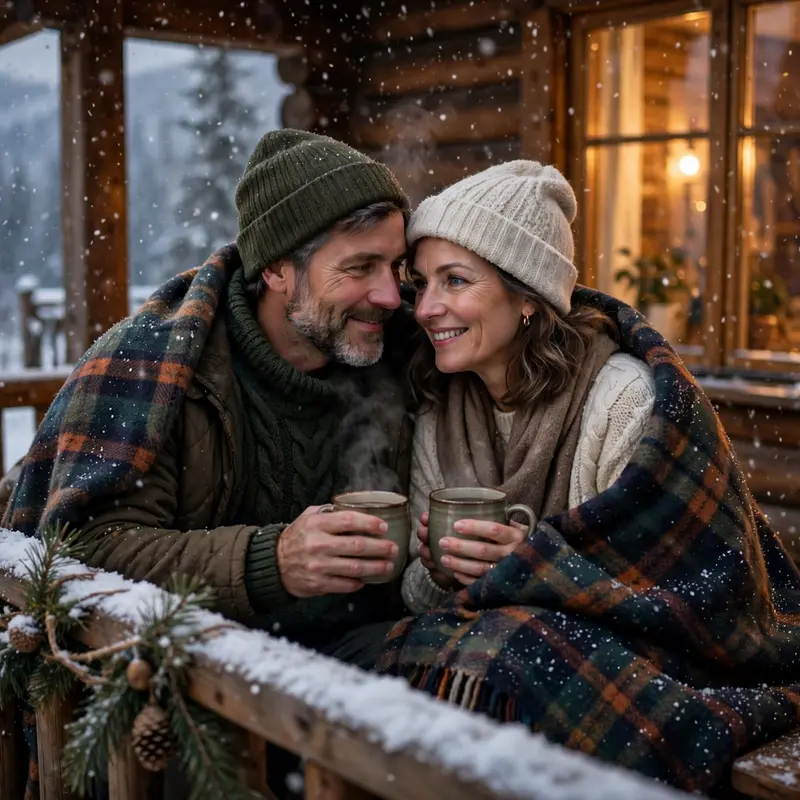 Create an ultra-realistic cinematic photograph of a cozy middle-aged couple on the wooden porch of a mountain cabin in falling snow, wrapped together