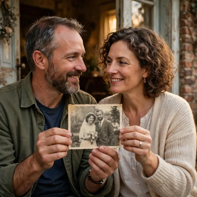 Create an ultra-realistic cinematic photograph of a middle-aged couple lovingly recreating their old wedding photo pose in the same spot, the wife in