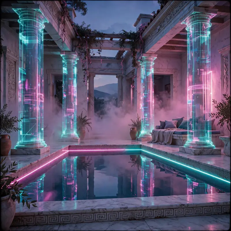 A Greek villa courtyard at dusk with holographic columns and a neon-lit plunge pool, vaporwave 3D interior, VHS grain, decadent calm mood, magenta