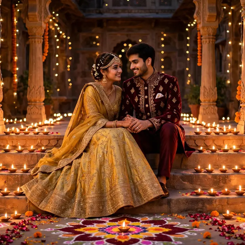 Create an ultra-realistic cinematic photograph of a young couple in wedding outfits standing on the steps of an old haveli courtyard lit by hundreds o