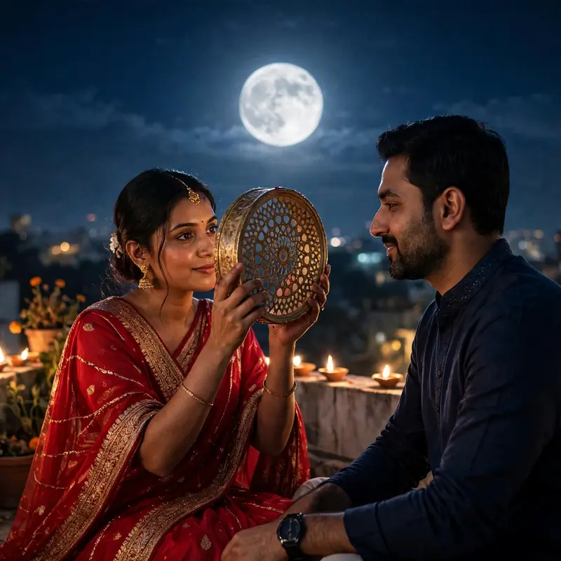 Create an ultra-realistic cinematic photograph of a young married couple on a moonlit rooftop terrace at night, the wife in a deep red saree with gold