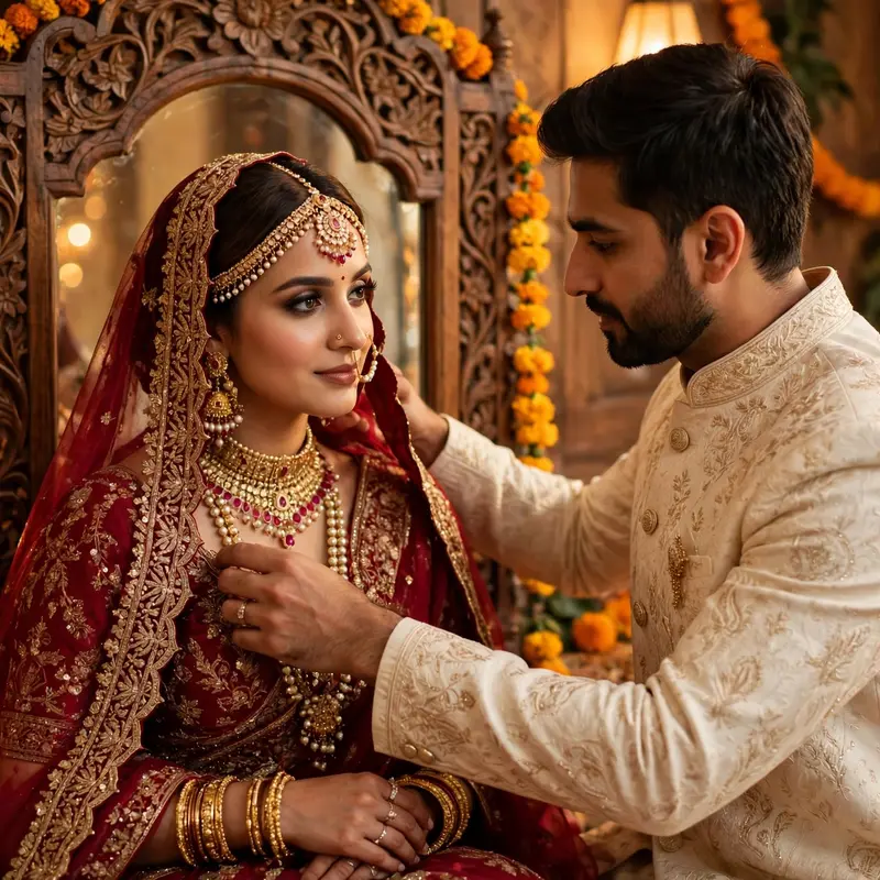 Create an ultra-realistic cinematic photograph of a young married couple standing together before a large carved wooden mirror, the wife dressed in fu
