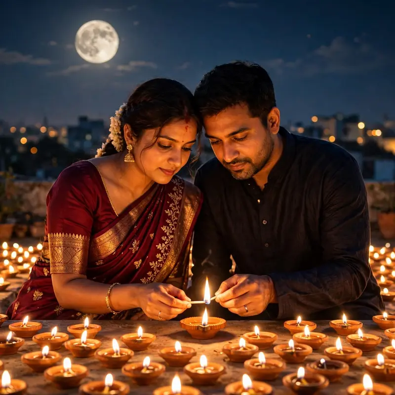 Create an ultra-realistic cinematic photograph of a young married couple kneeling together on a rooftop covered with hundreds of small lit clay diyas